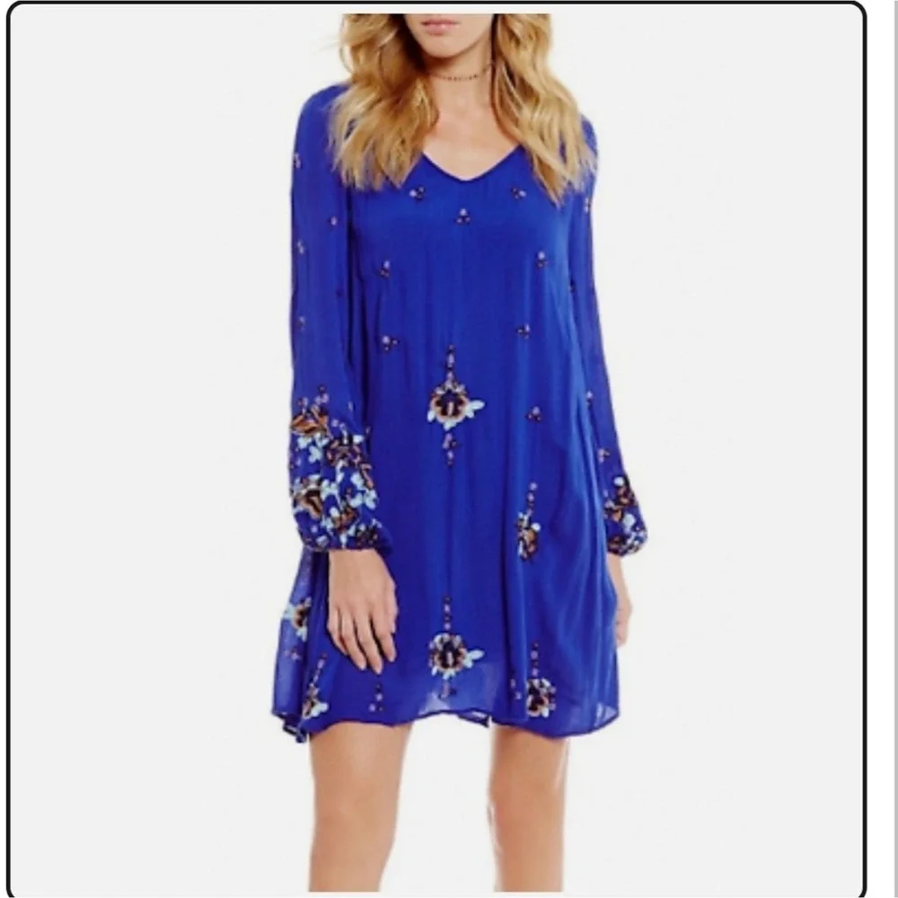 Free People‎ Cobalt Blue Oxford Embroidered Mini Swing Dress Small